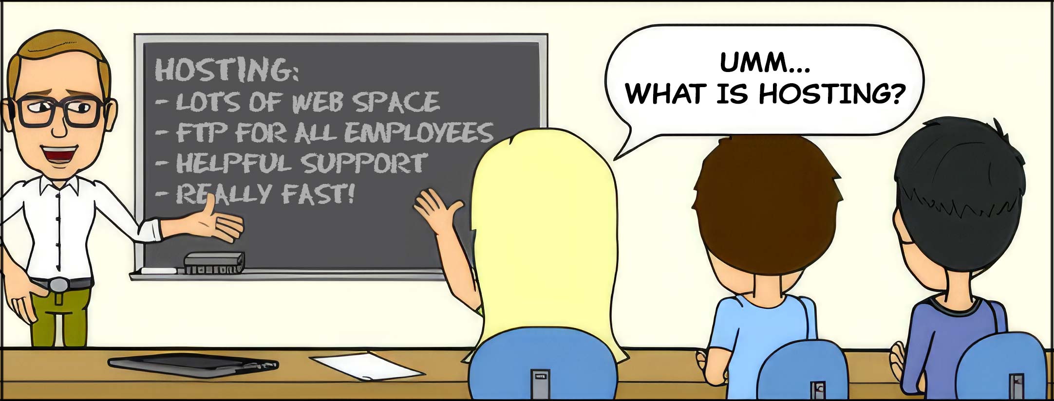 Comic panel 2: a student asks what hosting is