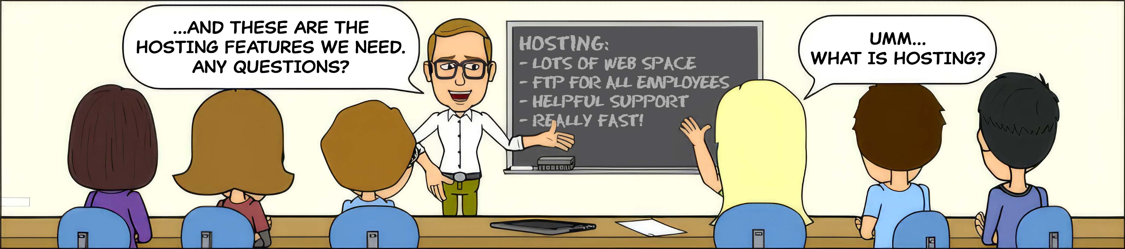 Comic: a presenter asks if there are any questions, and a student asks what hosting is
